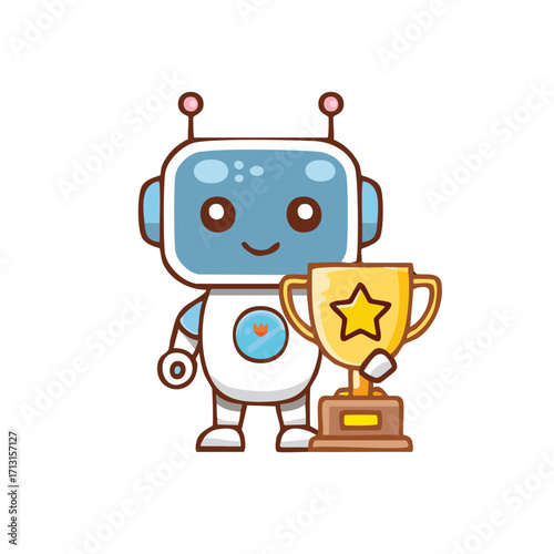 A cute robot proudly holding a golden trophy, its eyes gleaming with joy and achievement. The robot's design is both modern and friendly, reflecting its success