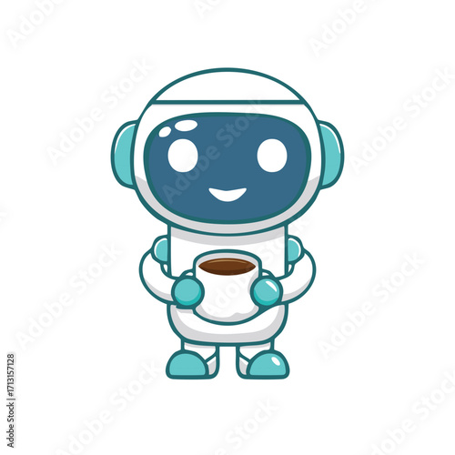 A cute cartoon robot holding a cup of coffee, enjoying its morning coffee break
