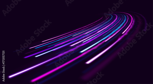 Street rays of light cut through the night as cars race on the track with speed and power.