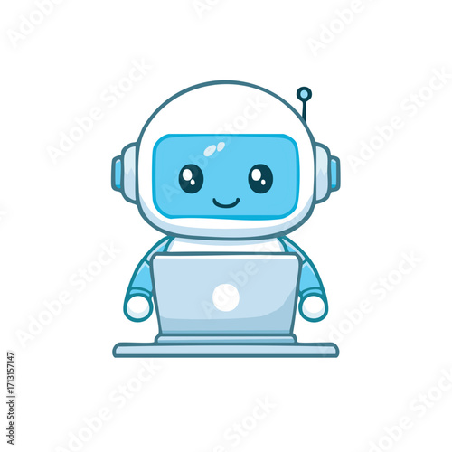 A cute robot is working on laptop 