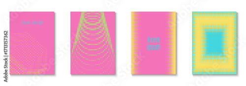 Wave Template Set. Cool Circles In Minimal Layout. Minimalistic Brochure In 2d Frame. Halftone Flyer. Minimalist Graphic Pattern. Geometric Abstract Texture. Trendy Wave Template