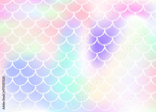 Holographic scale background with gradient mermaid. Bright color transitions. Fish tail banner and invitation. Underwater and sea pattern for girlie party. Stylish backdrop with holographic scale.