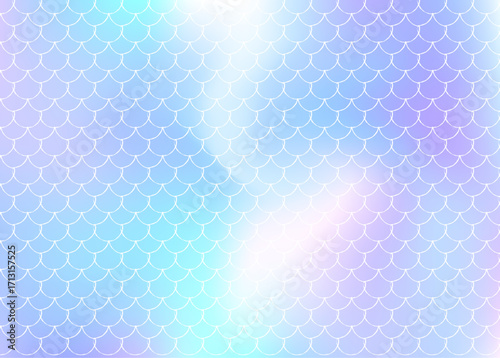 Holographic scale background with gradient mermaid. Bright color transitions. Fish tail banner and invitation. Underwater and sea pattern for girlie party. Retro backdrop with holographic scale.