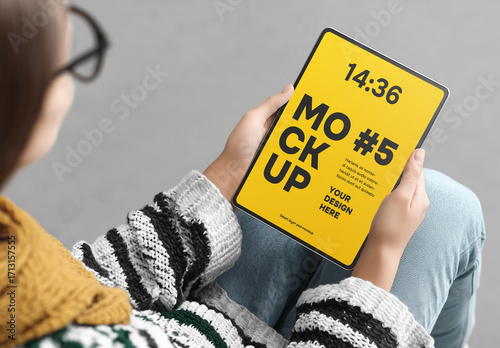 Woman using a tablet pc mockup