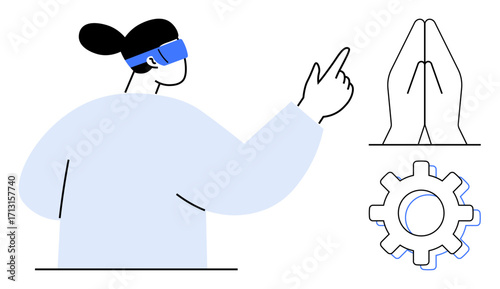 Woman engaging in virtual reality wearing a headset, pointing at an invisible interface. Nearby are praying hands representing mindfulness and a gear symbolizing technology solutions. Ideal
