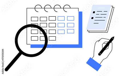 Magnifying glass highlighting a calendar, checklist notes, and hand holding a pen. Ideal for time management, scheduling, organization, productivity, planning, agenda setup task prioritization