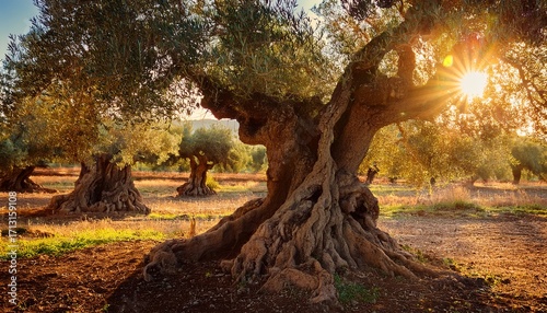 Ancient Olive Trees With Knobby Gnarly Giant Trunks And Roots Several Hundred Years Old Regenerate And Reborn On The Plantation Sunshine Glow