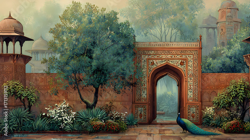 Mystical Peacock in a Mughal Garden A Serene Landscape