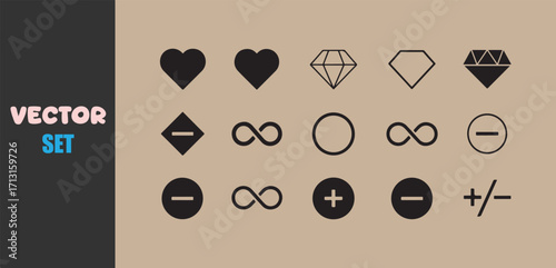 Collection of vector icons including hearts diamonds infinity and plus minus symbols