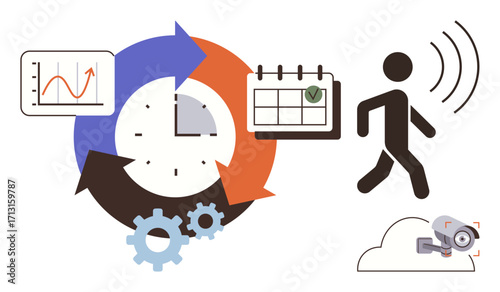Clock with circular workflow arrows, graph, calendar, walking figure with motion detection, cloud surveillance camera. Ideal for automation, time management, data analysis, security workflow