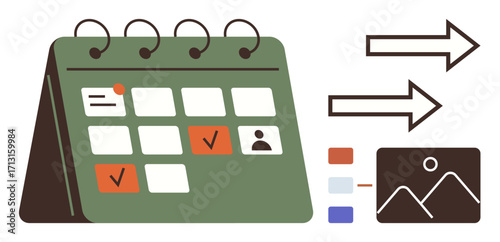 Desk calendar with marked events, tasks, and milestones. Arrows symbolize progression, workflow, and task delegation. Ideal for project management, scheduling, productivity team goals planning