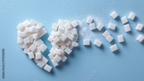 sugar cubes forming broken heart on blue background for Diabetes Awareness Month content, health campaign graphics, and educational materials, conceptual layout, flat lay format, pastel tone