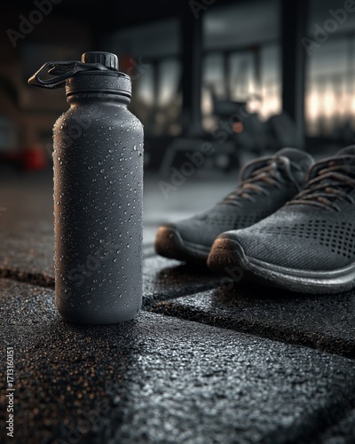 Sweat-covered water bottle beside sneakers on gym floor for fitness branding, hydration awareness campaigns, and motivational posters, dramatic lighting, sharp texture, wide copy space above