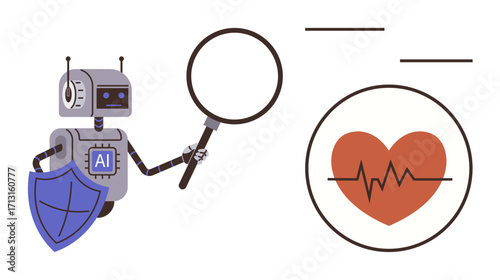 Robot holding magnifying glass inspects heart icon with shield in healthcare. Ideal for AI technology, medical innovation, protection, diagnostics, problem-solving, research, simple flat metaphor