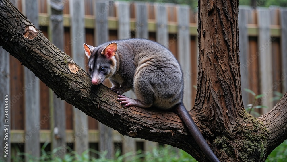 Fototapeta premium Common ringtail possum curled in tree fork behind wooden fence