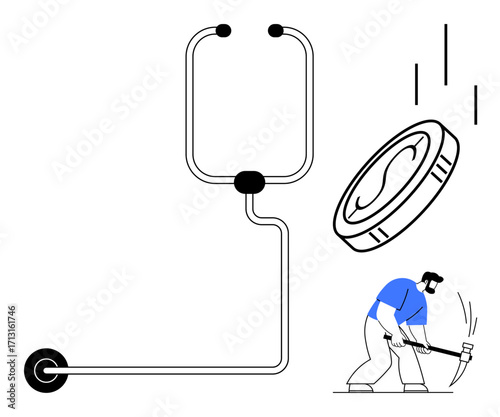 Large coin falling into a system connected by a tube while a worker hammers with focus. Ideal for investment, economy, business growth, hard work, savings, financial flow, and productivity. Simple