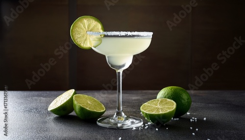 Photo Of A Modern Margarita Drink With Lime And A Salted Rim Served In A Martini Glass With Cut Lime On Table Vertical Layout