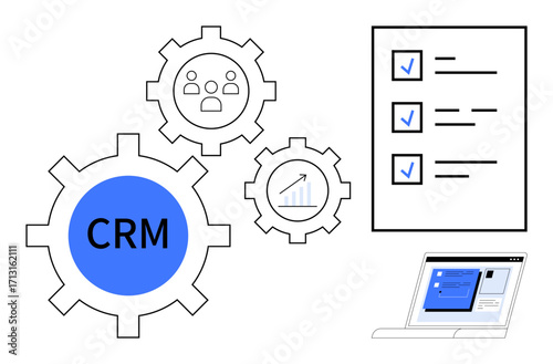 Gears labeled CRM, checklist of tasks, bar graph, and a laptop interface. Ideal for business automation, task tracking, customer management, workflow optimization, data analysis strategy planning