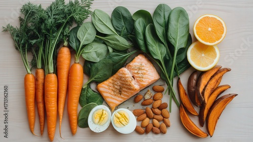Fototapeta Naklejka Na Ścianę i Meble -  A flat lay of healthy food with salmon carrots spinach eggs almonds and citrus fruits on a table top
