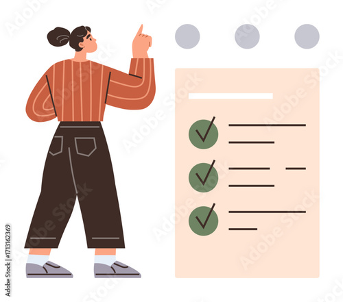 Woman in casual attire pointing at a checklist with completed tasks marked. Ideal for project management, goal-setting, productivity, organization, planning, task prioritization, simple flat metaphor