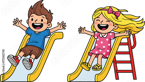 Cartoon illustration of happy boy and girl sliding on playground slides, children enjoying fun outdoor activity, smiling kids playing together