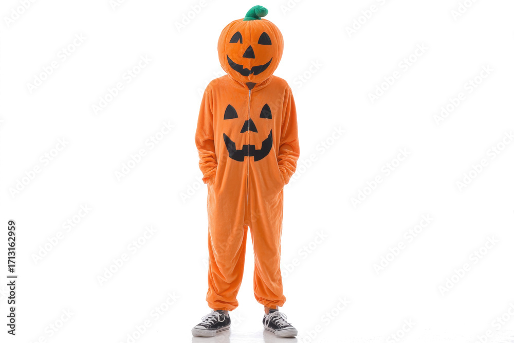 A person dressed in a vibrant orange pumpkin costume with a smiling jack-o'-lantern face, standing against a white background. A person dressed in a vibrant orange pumpkin costume with a smiling jack-o'-lantern face, standing against a white background.
