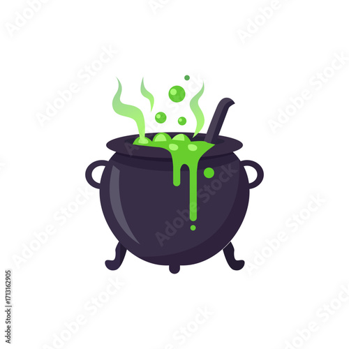 Flat vector illustration of a black cauldron filled with bubbling green potion and steam, perfect for Halloween, witchcraft, magic, fantasy, and spooky design themes.