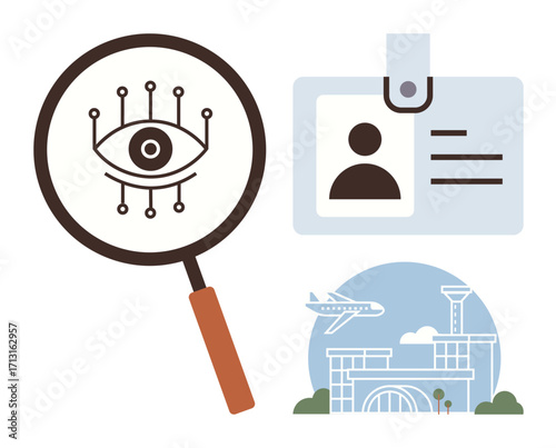 Magnifying glass with biometric eye, an ID card, and an airport symbolize identity verification, cybersecurity, travel, safety, surveillance, authentication, and modern digital technology in a simple