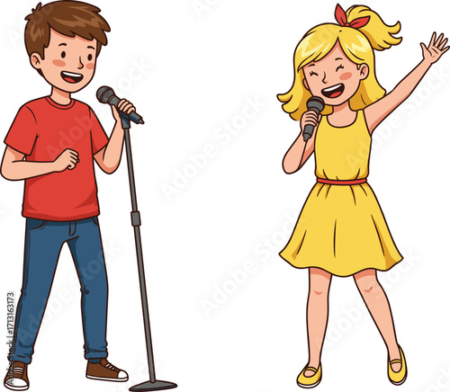 Children singing on stage with microphones, boy performing in red shirt, girl in yellow dress, fun kids music concert, joyful entertainment