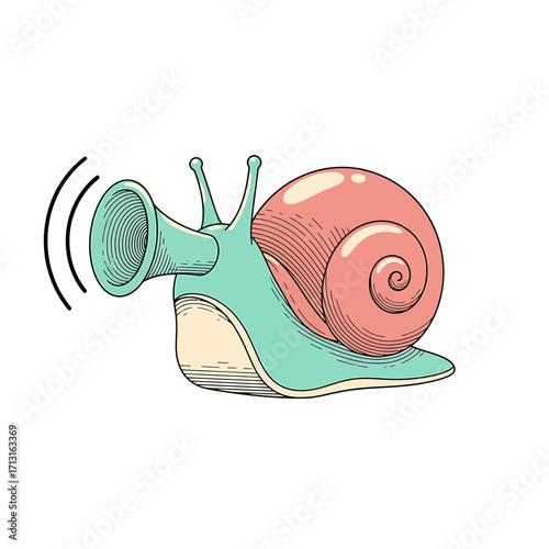 Whimsical hand-drawn illustration of a slow snail with a large horn, comically projecting its voice to be heard, symbolizing amplified communication or a deliberate message