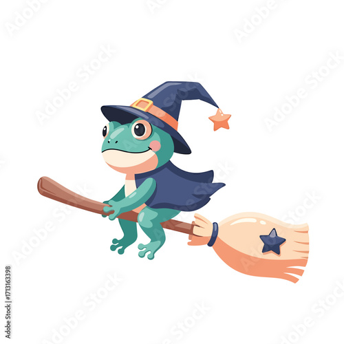 Whimsical illustration of a cute green frog wearing a witch costume with a hat and cape, joyfully riding a flying broomstick for a magical Halloween
