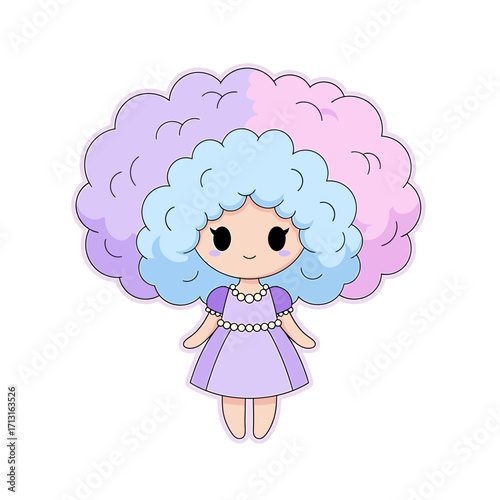 Adorable whimsical illustration of a sweet cartoon girl with voluminous pastel pink and blue hair, wearing a purple dress and pearl necklace. Charming character design