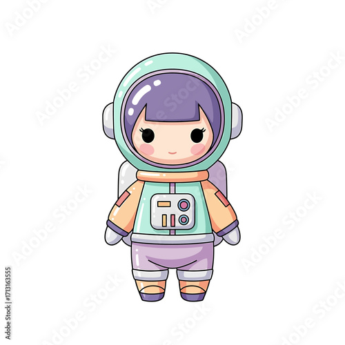 Adorable little astronaut girl character in a cute pastel spacesuit. Kawaii chibi style vector illustration isolated on white