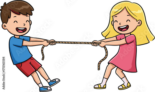 Happy cartoon boy and girl playing tug of war with rope, children outdoor activity, fun competition, teamwork, strength game illustration