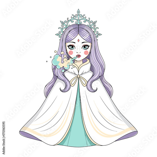 Charming anime-style Snow Queen with lilac hair and a frosty tiara. Magical fantasy girl in a white winter cape blowing icy breath