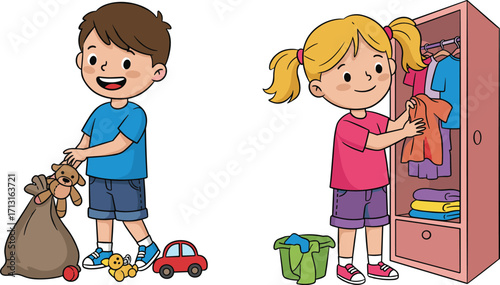 Happy cartoon kids cleaning room, boy organizing toys and girl arranging clothes, children doing chores, vector art illustration hygiene habit