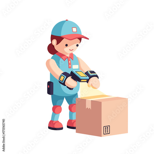 Cheerful Delivery Woman Scanning Package with Wrist Device for Efficient Shipping