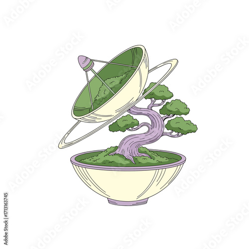 Abstract concept a bonsai tree intricately woven with a satellite dish and orbital rings, symbolizing the organic integration of nature and technology