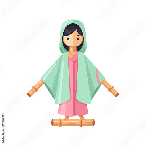 A charming handmade doll character crafted from natural bamboo, representing a simple traditional toy concept