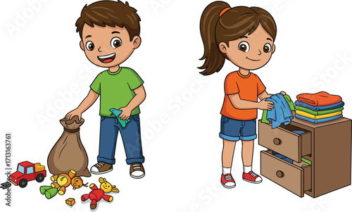 Happy cartoon kids cleaning room, boy putting toys in bag, girl folding clothes in drawer, children doing chores, vector illustration