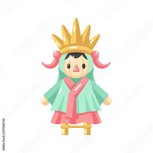 Whimsical cartoon illustration of a regal nutcracker with a golden crown and traditional costume