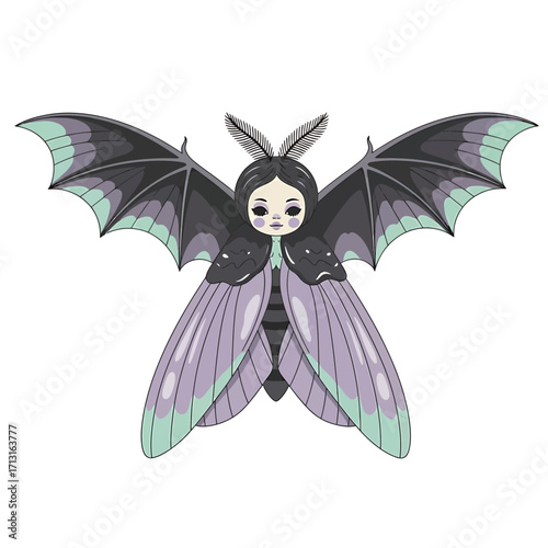 Whimsical purple and mint moth-girl character illustration, blending fantasy and cuteness with dark fairy wings and a mysterious, enchanting gaze for magical designs