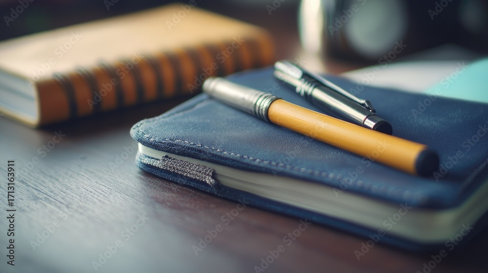 Fototapeta premium Elegant Workspace with Notebook and Pens on Wooden Desk Surface