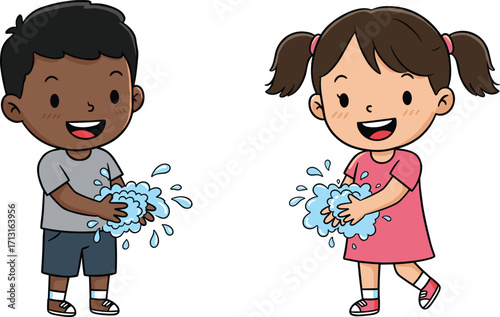 Happy cartoon kids washing hands with soap bubbles and water, hygiene illustration for children, healthy lifestyle, vector art cleanliness habits