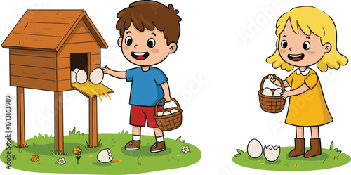 Happy children collecting fresh chicken eggs from wooden coop, farm lifestyle illustration, kids holding basket, rural countryside, agriculture, organic farming, cartoon
