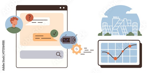 Conversation on a messaging interface, mall building, gears connecting chat to analytics chart. Ideal for communication, AI, technology, data analytics, retail, shopping trends simple flat metaphor