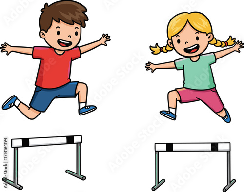 Happy children jumping hurdles, kids sports activity, cartoon boy and girl exercise, athletics training illustration, outdoor fitness, healthy lifestyle concept, vector