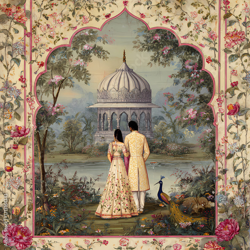 Romantic Couple in Indian Garden Under Arch, Floral Frame, Landscape
