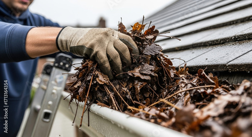 Man cleaning leaves from gutter while using gloves on rooftop  
