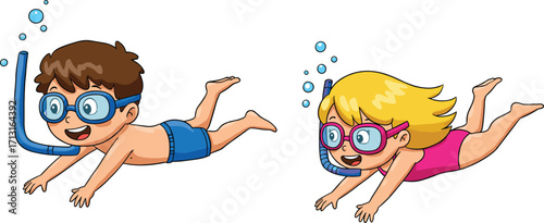 Happy children snorkeling underwater cartoon illustration, boy and girl swimming with mask, summer holiday activity, fun ocean adventure, water sports, kids